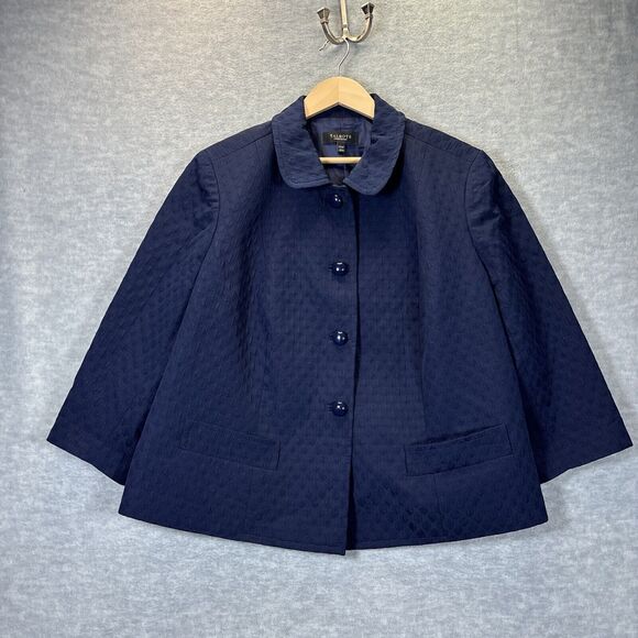 Talbots Cropped Jacket 22 P Mod Collar Polka Dot Texture 3/4 Sleeve Navy Blue - Picture 2 of 10
